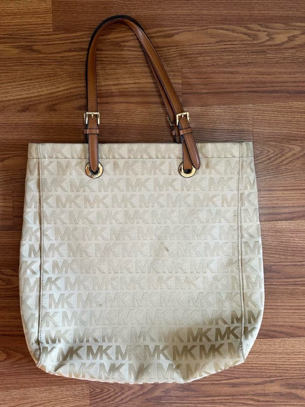Vintage Michael Kors Beige MK Logo Tote with Brown Leather Straps
